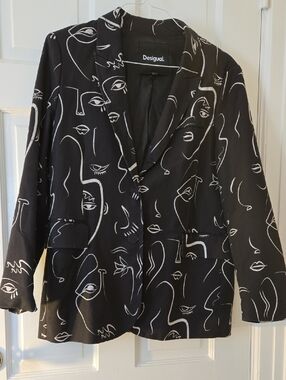 Desigual Black Blazer with White Abstract Faces